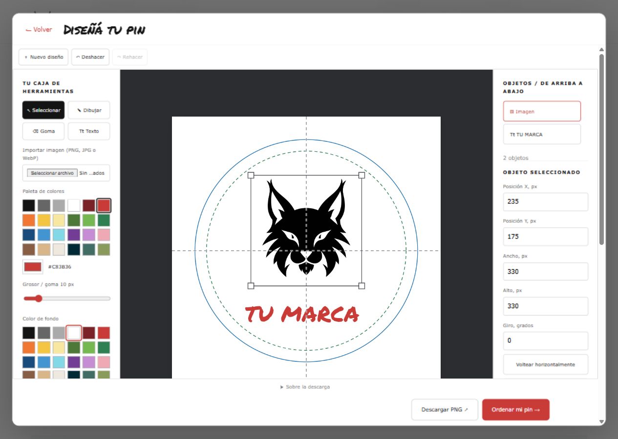 Captura real del diseñador de pines con un ejemplo de Lincemaker